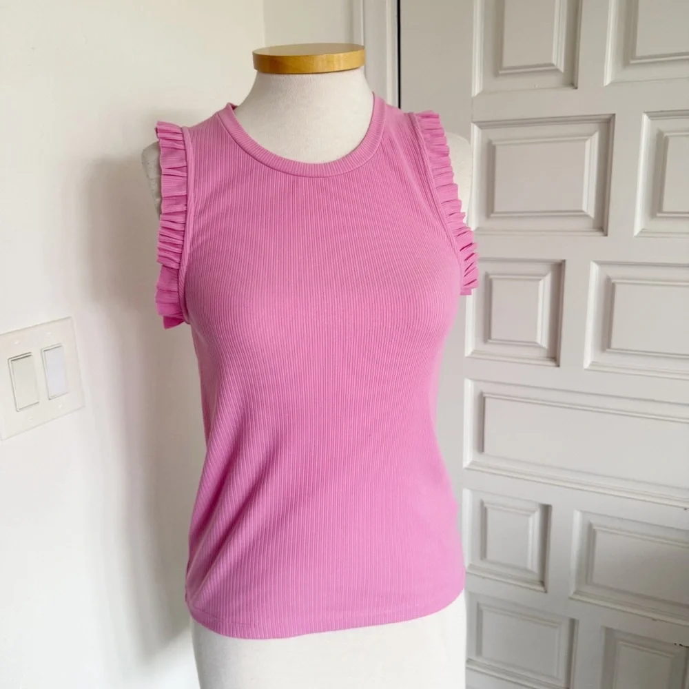 J. Crew Pink Top Ribbed Ruffle Sleeveless Cotton Blend Size Small